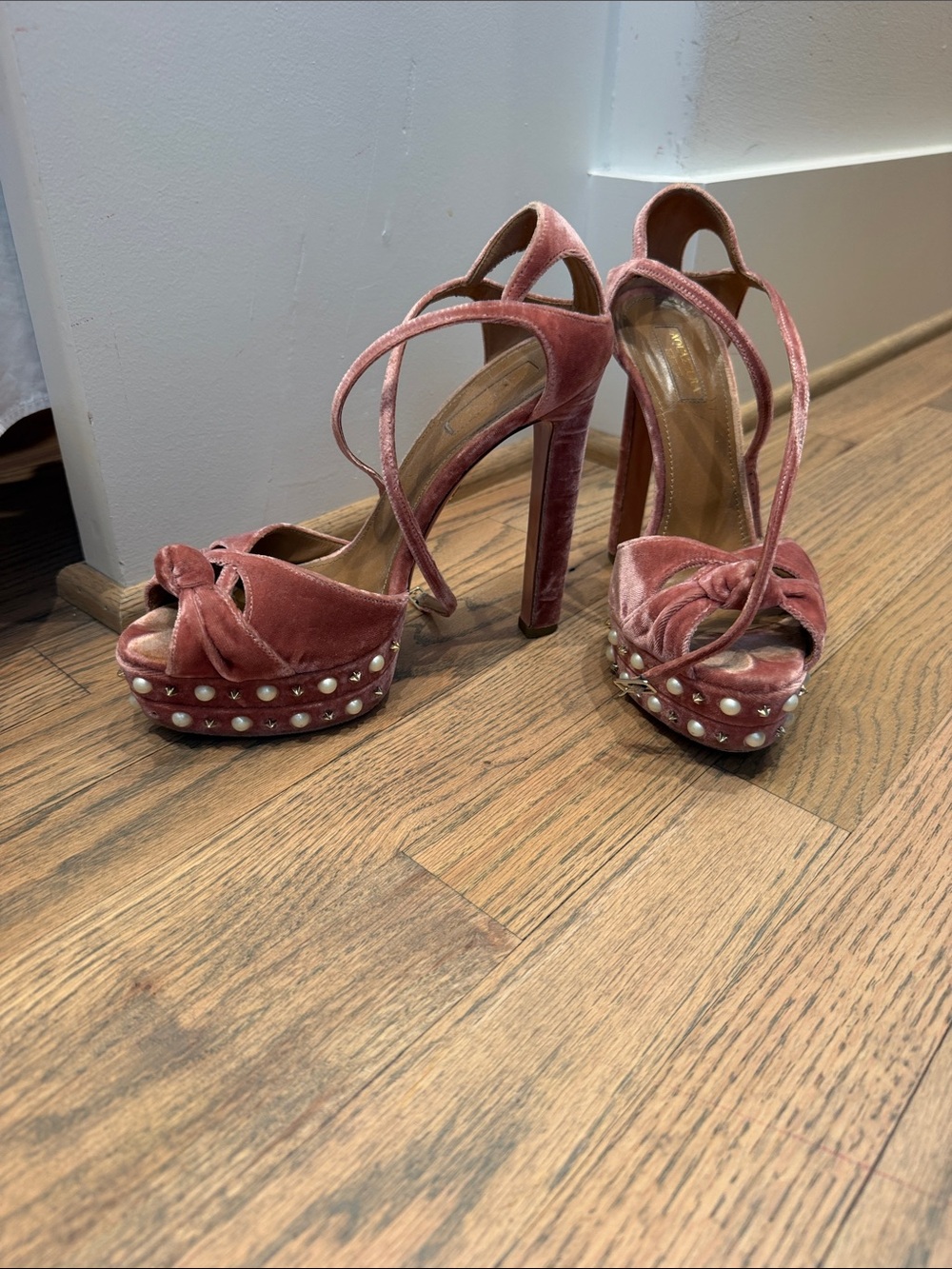 Aquazzarra Pink Velvet Platform Peep-Toe Heels with Studded Trim